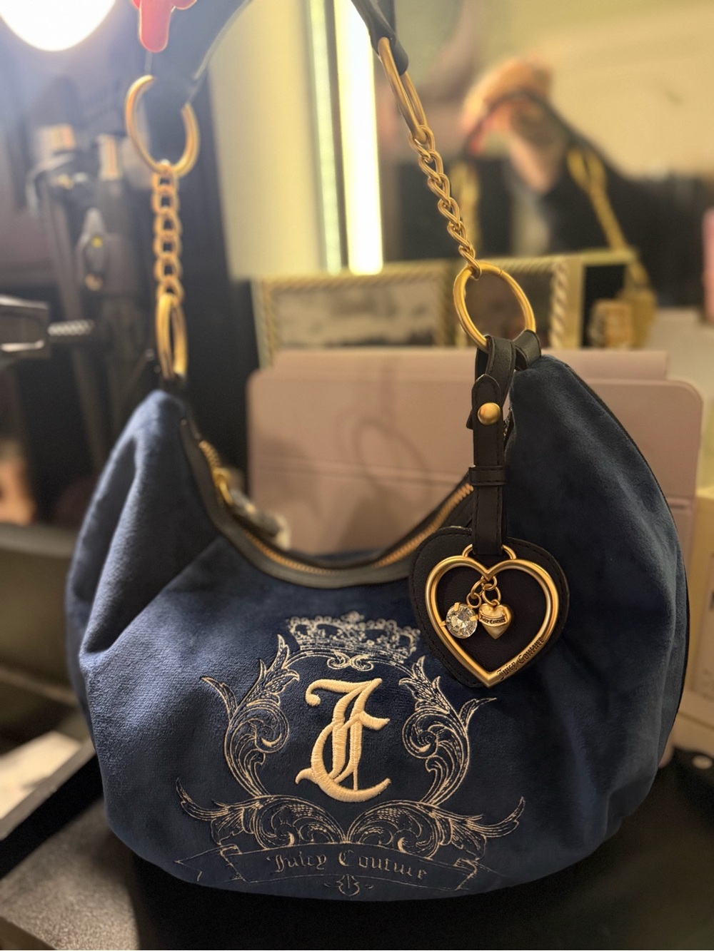 Juicy Couture Navy Blue Suede Hobo with Gold Heart Charm
